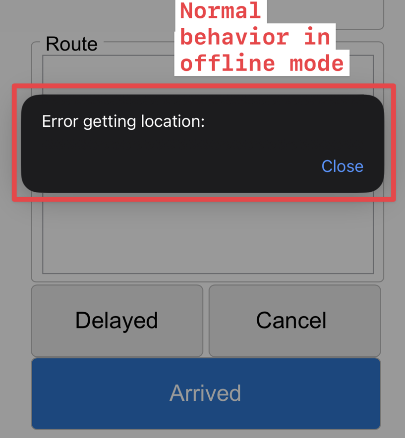 Blank map with an Error getting location message